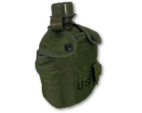 Vibrant green 1-litre plastic flask with aluminium cup, insulated cover, and convenient belt clip for hydration on the go.