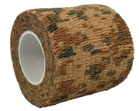 Camo Desert Bandage Tape roll, 4.5m x 5cm, featuring a durable adhesive for secure support in outdoor and DIY projects.