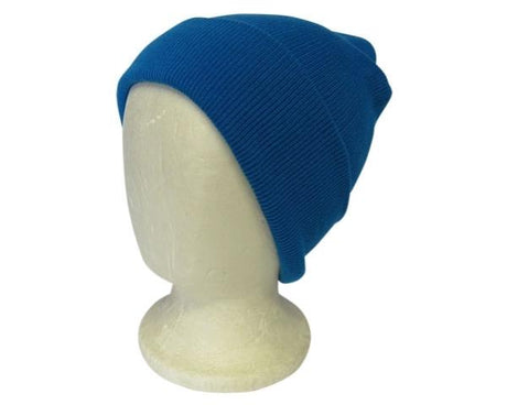 Cozy blue beanie with double-layered knit and ribbed design, offering warmth and a stylish fit for all ages.