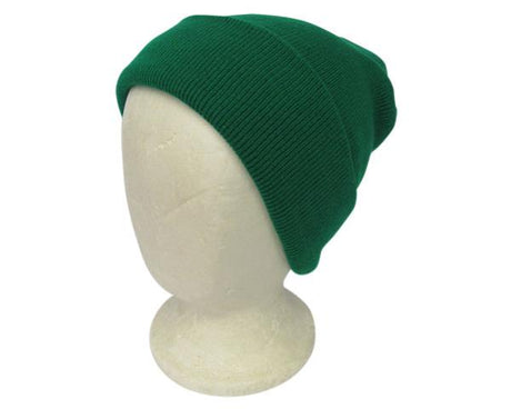 Green beanie made from double-layered knit fabric, featuring slight ribbing, perfect for all ages, stylish and warm.