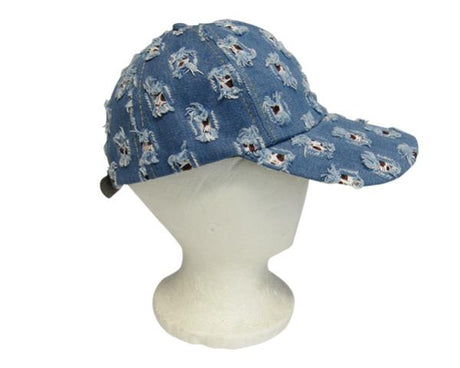 Ripped denim cap with adjustable strap, perfect for casual outfits and outdoor protection. Stylish and comfortable for everyone.