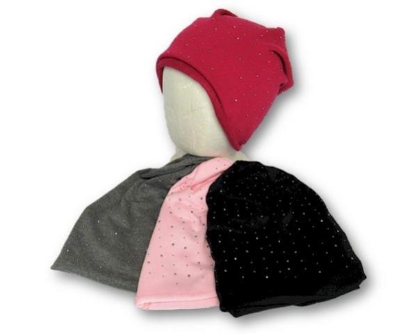 Four stylish sparkle beanies in grey, black, pink, and red, perfect for winter warmth and glamour.