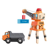 Hape Large Boom Crane Play Set with 360-degree rotating arm, magnetic hoist, and sturdy legs for imaginative play.