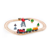 Colorful train set with magnetic crane for loading containers, designed for imaginative play and skill development for ages 3+.