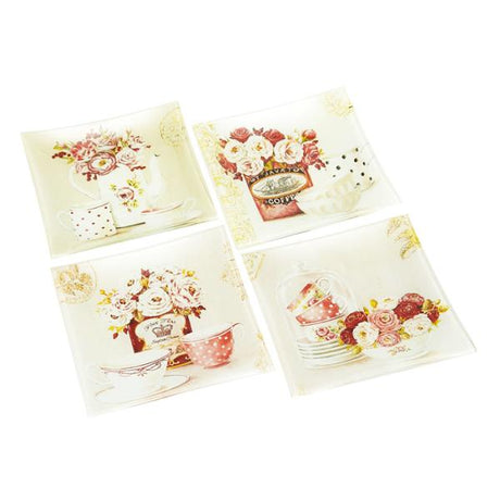 Set of four elegant floral glass plates, 15 cm each, perfect for serving snacks or organizing small items.