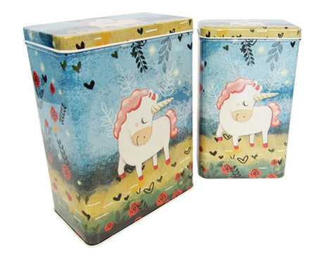 Colorful unicorn-themed coffee tins designed for stylish storage and freshness of coffee beans and ground coffee.