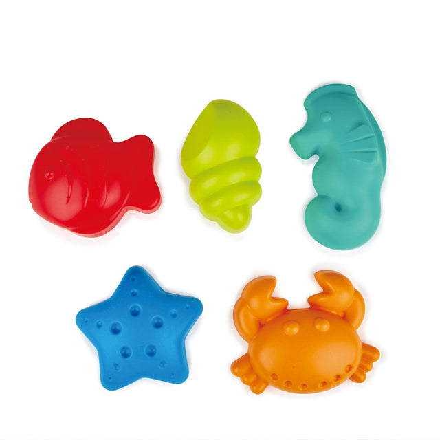 Colorful Hape Sea Creatures toy set for toddlers, featuring five durable marine animals for imaginative and sensory play.