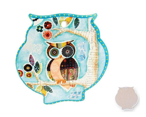 Charming cork-backed ceramic owl trivet on branch, 15.5cm x 16cm, perfect for protecting surfaces and enhancing kitchen decor.
