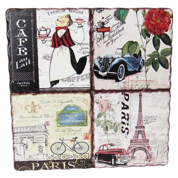 Cork-backed ceramic trivet featuring a Parisian design, heat-resistant, 15.5 cm x 15.5 cm, ideal for hot dishes.