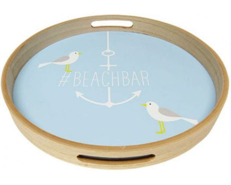 Stylish beach-themed tea tray with seagull designs, 35 cm diameter, perfect for serving snacks and drinks.