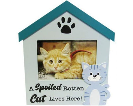 Wood house-shaped photo frame for cherished cat photos, fitting 6 x 4 inches, crafted from durable wood.