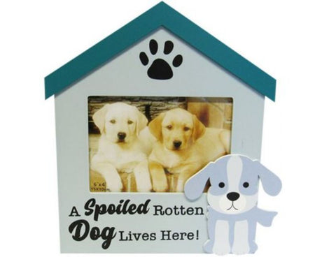 Wooden house-shaped photo frame for pet photos, fits 6x4 inches, celebrating your beloved dog in style.