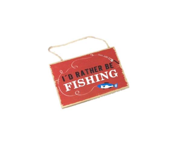 Vibrant red wall art featuring "I'd rather be fishing," perfect for fishing enthusiasts' decor.