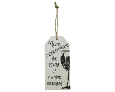 Charming MDF wall art, "Positive Drinking White," with rope hanger, encourages joy and positivity in home decor.