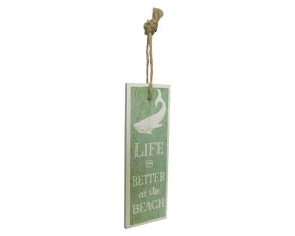 Beach Life Sign in vibrant green, 15 cm x 5 cm, showcasing coastal vibes with a durable rope hanger for easy display.