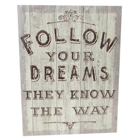 Textured wall art piece inspiring viewers with the message 'Follow your dreams' in a refined design.