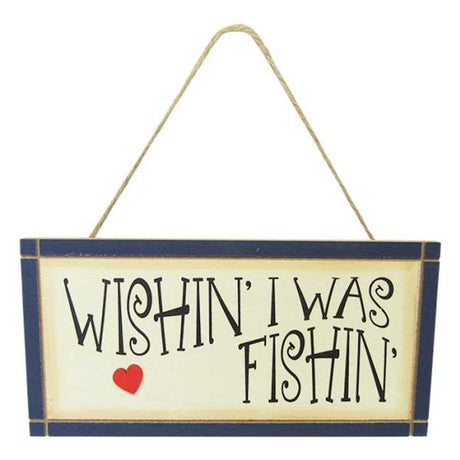 Rustic wall art sign featuring "Wishin' I Was Fishin'," perfect for fishing enthusiasts, measuring 24 x 12 cm with a rope hanger.