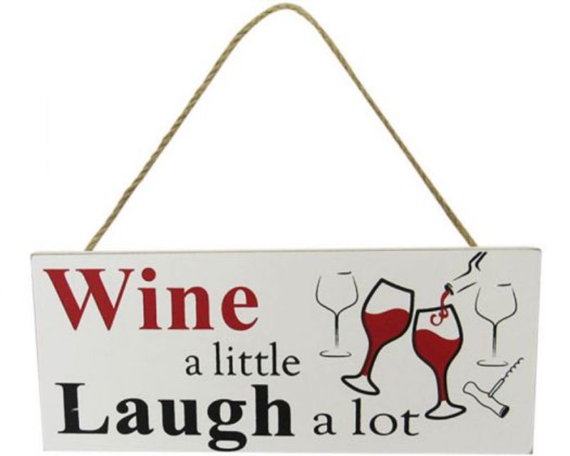 MDF word art "Laugh" wall decor, 24cm, with rustic twine hanger for wine-themed spaces, adding charm and humor.