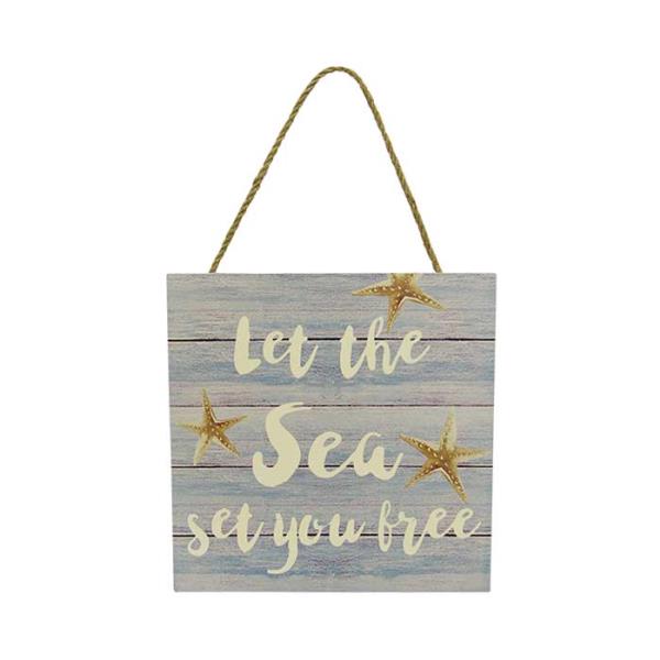 Rustic wooden sign with rope hanger featuring "Let the sea set you free," perfect for beach houses or coastal decor.