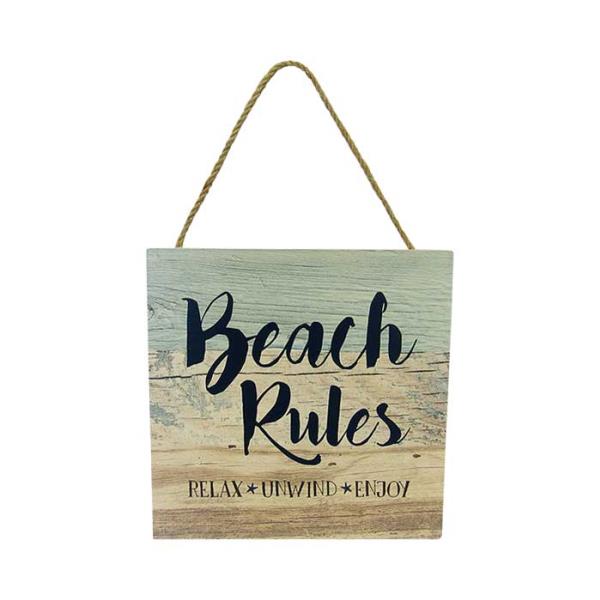 Wooden Beach Hanger Rules sign with whimsical graphics, ideal coastal decor for vacation homes, measures 15 x 15 cm.