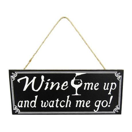 Black and white MDF wine-themed wall art sign with rustic twine hanger, perfect for wine lovers and elegant home decor.