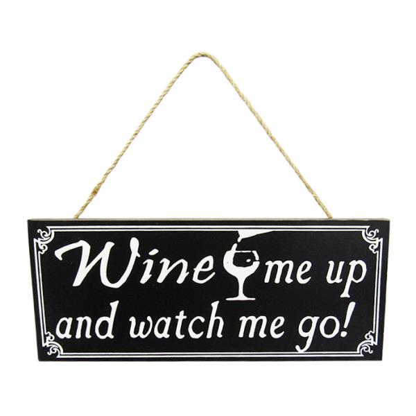 Black and white MDF wine-themed wall art sign with rustic twine hanger, perfect for wine lovers and elegant home decor.