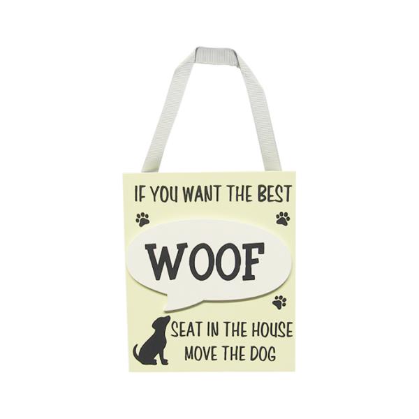 Charming MDF wall art featuring an adorable puppy and "Woof" for dog lovers, perfect for home decor.