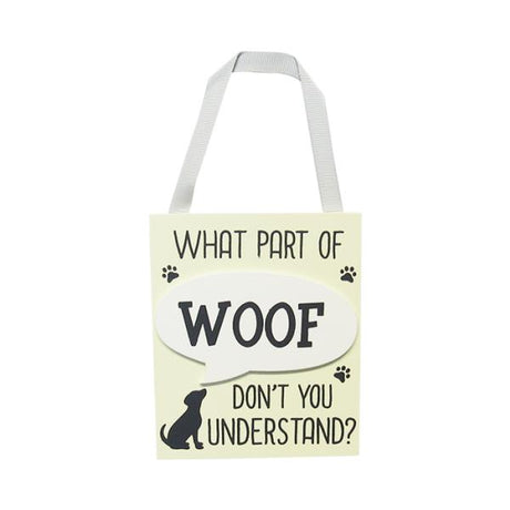 Charming MDF wall art sign featuring a cute 'Woof' motif with a stylish ribbon hanger, perfect for dog lovers.