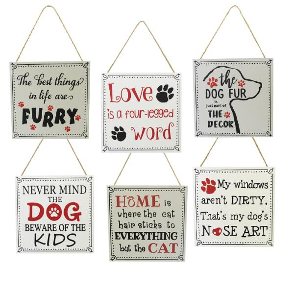 Charming set of six MDF pet signs with twine hangers, perfect for enhancing home decor and celebrating pet love.