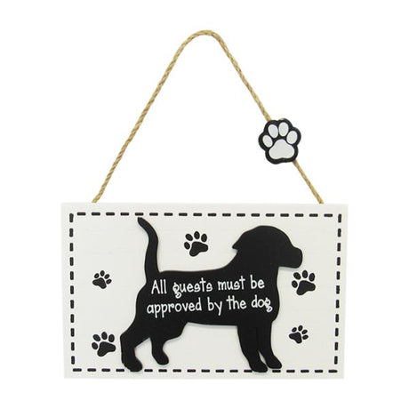 Whimsical dog-themed wall art sign with paw prints and twine hanger, perfect for dog lovers' home decor.