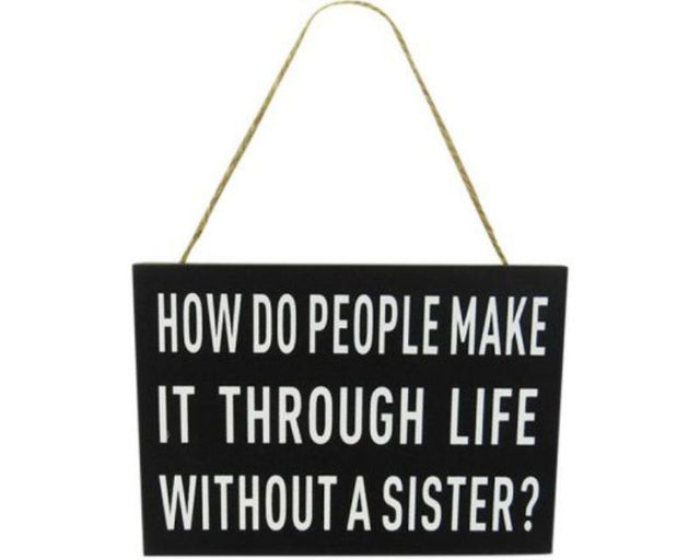 Wooden Family Hanger Sign for Sisters, 17x12 cm, featuring a rustic rope hanger, celebrating sibling love and family values.