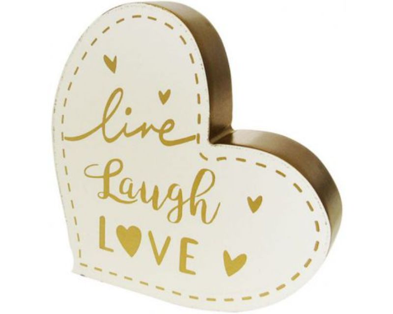 Heart-shaped wooden sign with 'Live Laugh Love' lettering, perfect for uplifting home decor.