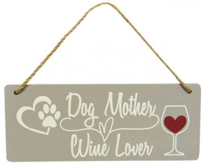 Wooden word art "Dog Home Hanger Mum Wine" with twine, perfect for dog and wine lovers, measuring 24.7 x 9.7 cm.