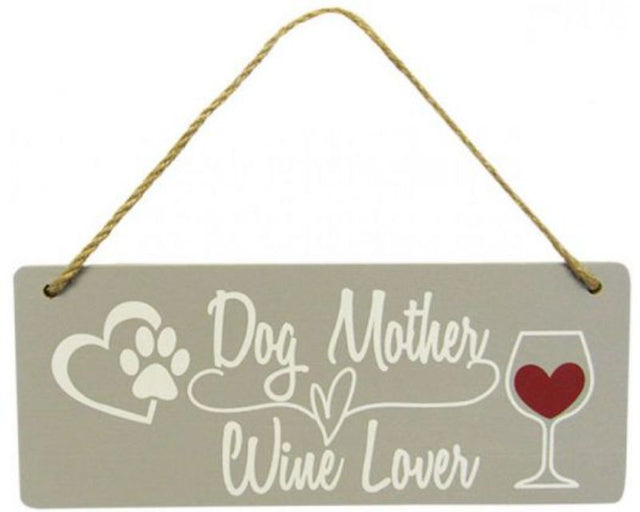 Wooden word art "Dog Home Hanger Mum Wine" with twine, perfect for dog and wine lovers, measuring 24.7 x 9.7 cm.