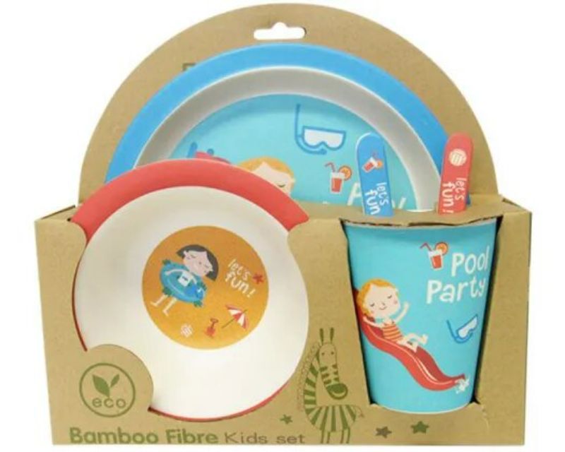 Five-piece bamboo kids dining set with colorful designs, perfect for small hands, dishwasher safe, for fun mealtimes.