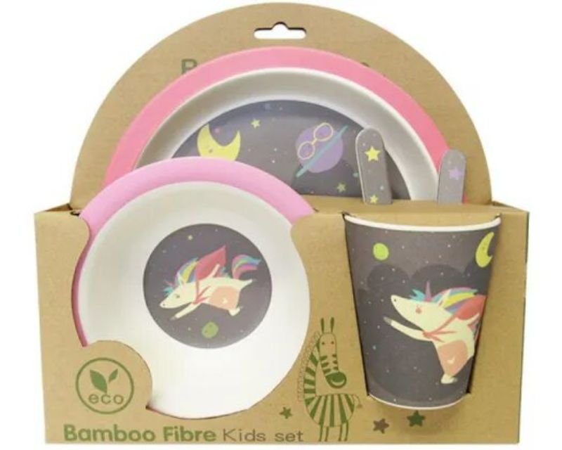 Kids dining set featuring a whimsical unicorn design, made from eco-friendly bamboo, perfect for small hands.