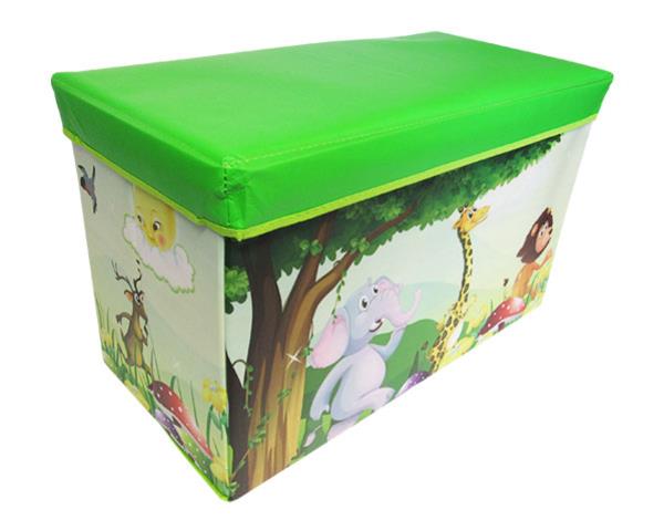 Colorful Toy Box Jungle storage chest with cushioned top for seating, measuring 60x29x35 cm, promoting organized playrooms.
