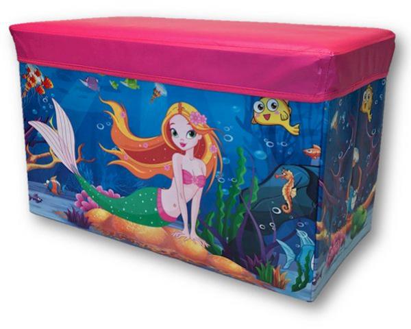 Colorful mermaid-themed toy storage box that doubles as a stool, measuring 60cm x 29cm x 35cm, perfect for organizing toys.