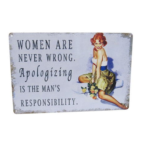 Retro 30cm x 20cm tin art sign featuring a quirky "Man Apology" design, perfect for playful home decor.