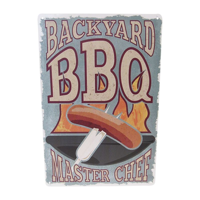 Retro tin sign featuring BBQ Master Chef design, perfect for grill enthusiasts, measures 30cm x 20cm, ideal for home decor.