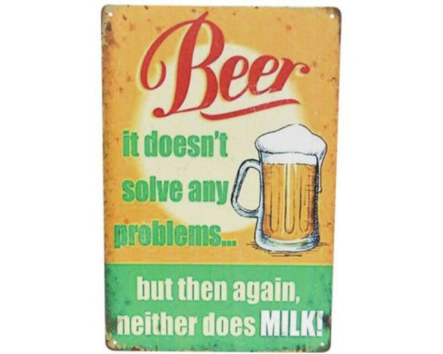 Retro Art Tin Beer Milk sign, 30cm x 20cm, perfect for home bars and kitchens, adding quirky charm to any space.