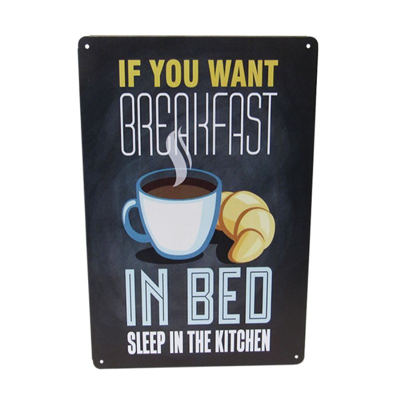 Retro 30cm tin art sign featuring a quirky breakfast theme, perfect for kitchen decor and conversation starters.