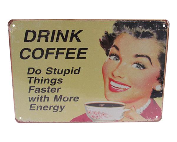Retro Art Tin Coffee Faster Sign featuring vibrant colors and quirky design, perfect for coffee lovers' decor.