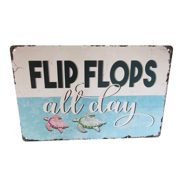 Vibrant tin wall art featuring quirky flip flops, perfect for adding a playful touch to any beach-themed decor.