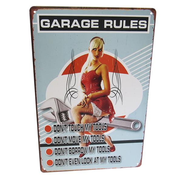 Vibrant retro tin sign featuring a garage girl, perfect for adding charm to any wall space at 30cm x 20cm.