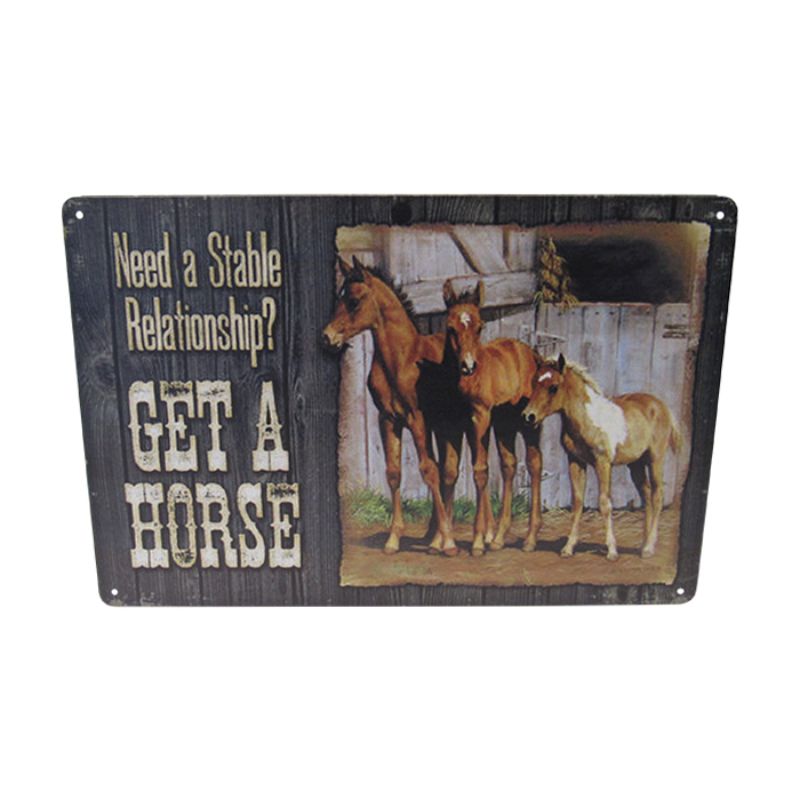 Retro horse-themed tin sign, 30cm x 20cm, vibrant colors perfect for equestrian decor or gifts.