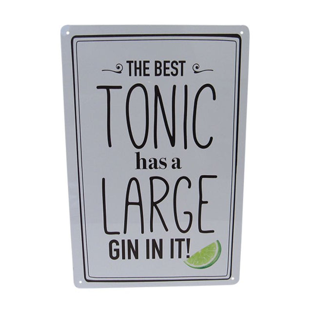 Retro tin sign featuring "Tonic and Gin," perfect for home bars and kitchens, measuring 30cm x 20cm.