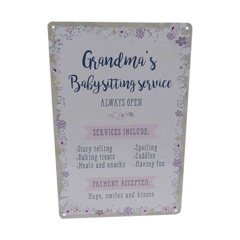 Retro art tin sign featuring a loving grandmother babysitting, perfect for home decor and nostalgic charm.