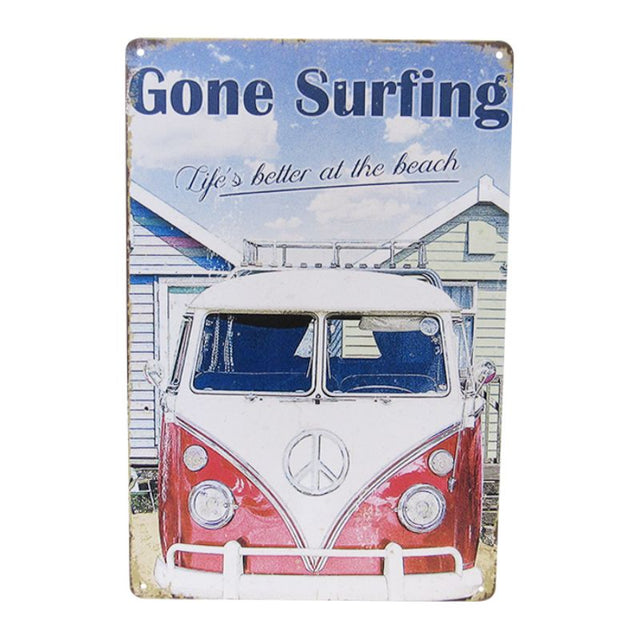 Colorful retro tin wall art featuring a playful surfing design, perfect for beach lovers and surf enthusiasts, measuring 30cm x 20cm.