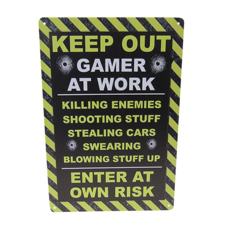 Retro 'Gamer at Work' tin sign, 30cm, perfect for gaming rooms and man caves, adds style and motivation.